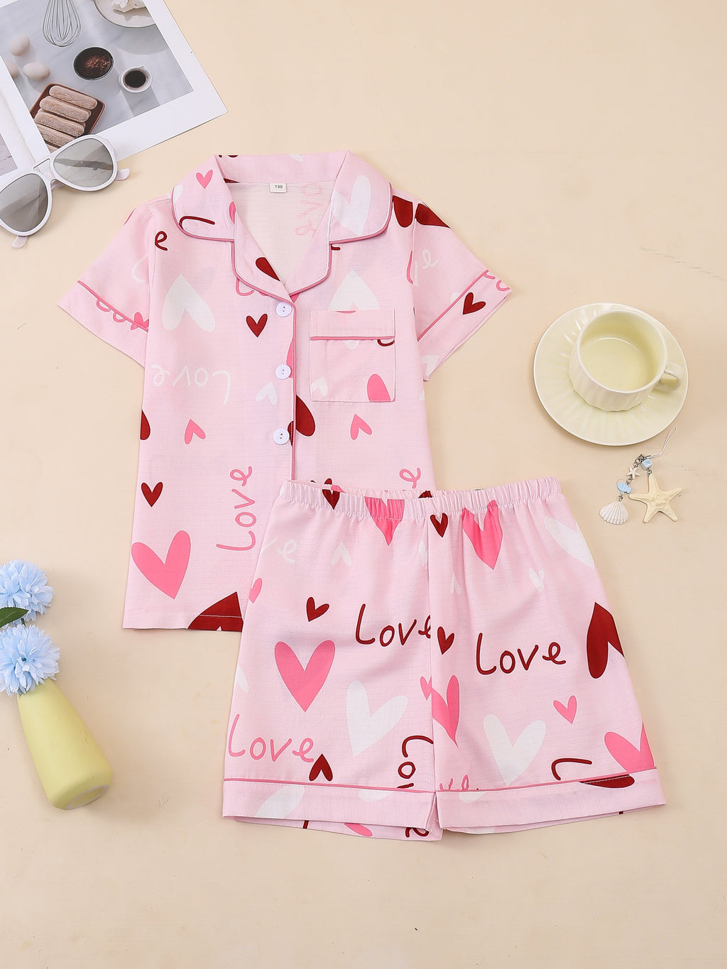 Girls' Short Sleeve Pajama Set with Button Front Shirt and Shorts in a Random Heart or Bear Print