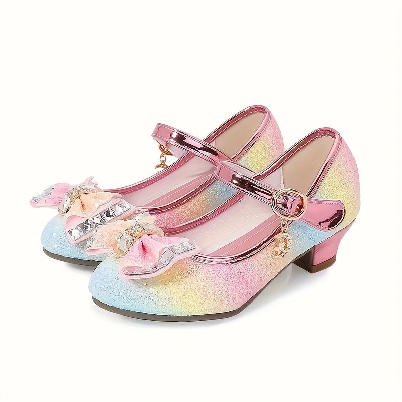 Girls' Iridescent Dress Shoes with Pastel Rainbow Sparkle and Bow Details for Parties and Celebrations