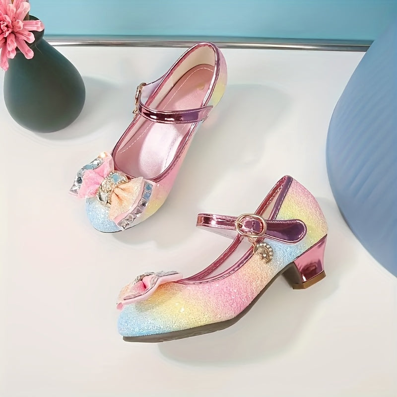 Girls' Iridescent Dress Shoes with Pastel Rainbow Sparkle and Bow Details for Parties and Celebrations
