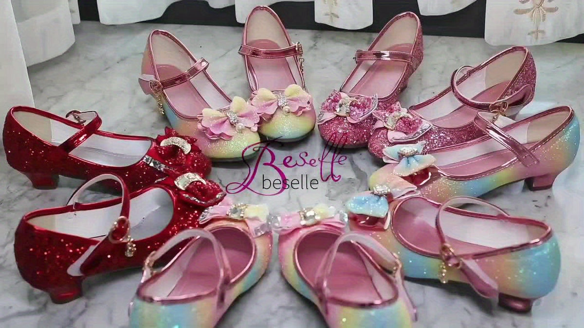 Girls' Iridescent Dress Shoes with Pastel Rainbow Sparkle and Bow Details for Parties and Celebrations