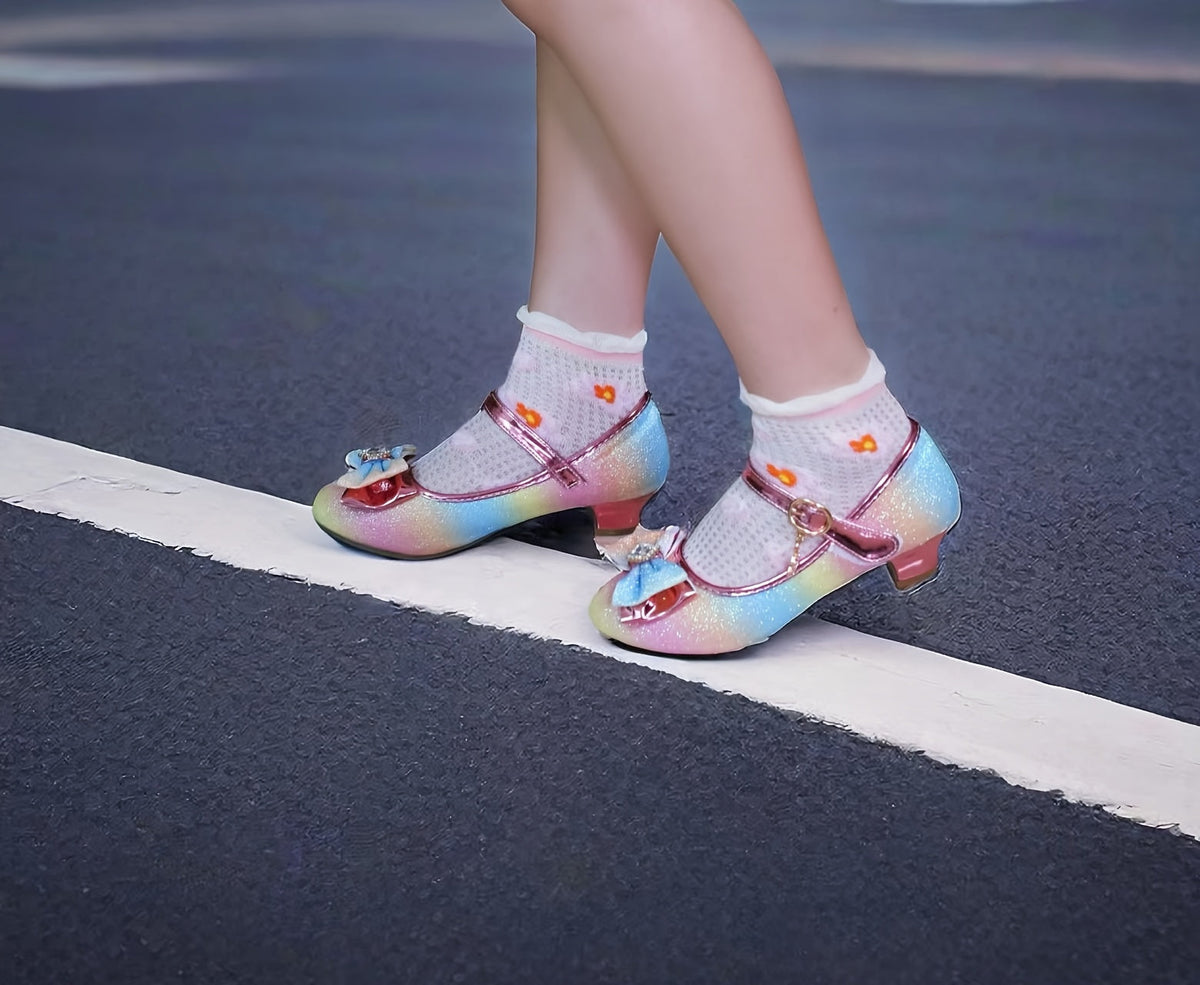 Girls' Iridescent Dress Shoes with Pastel Rainbow Sparkle and Bow Details for Parties and Celebrations