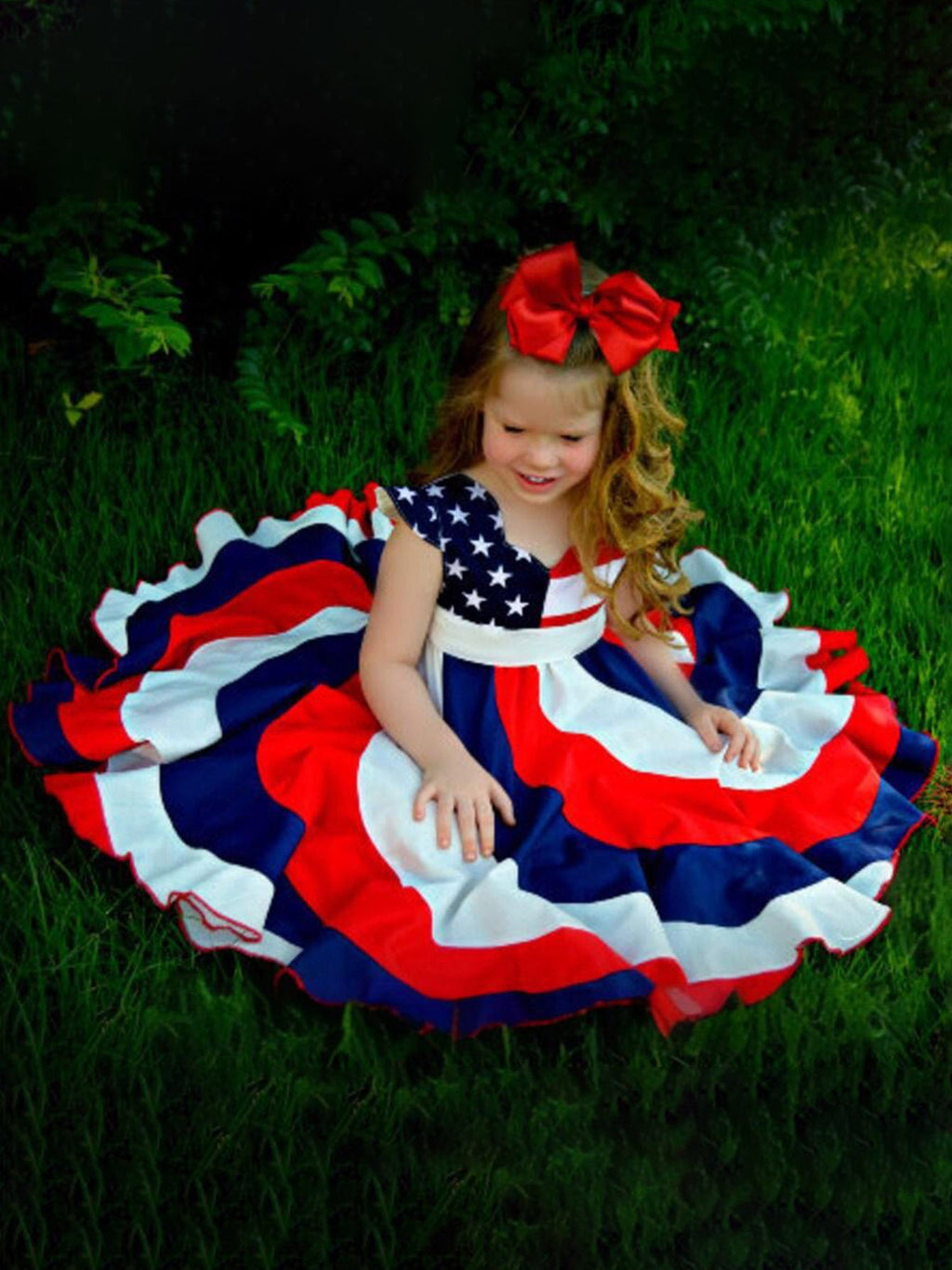 Girls' Stars and Stripes Twirl Dress in Red White and Blue with Short Sleeves for Fourth of July Outfits