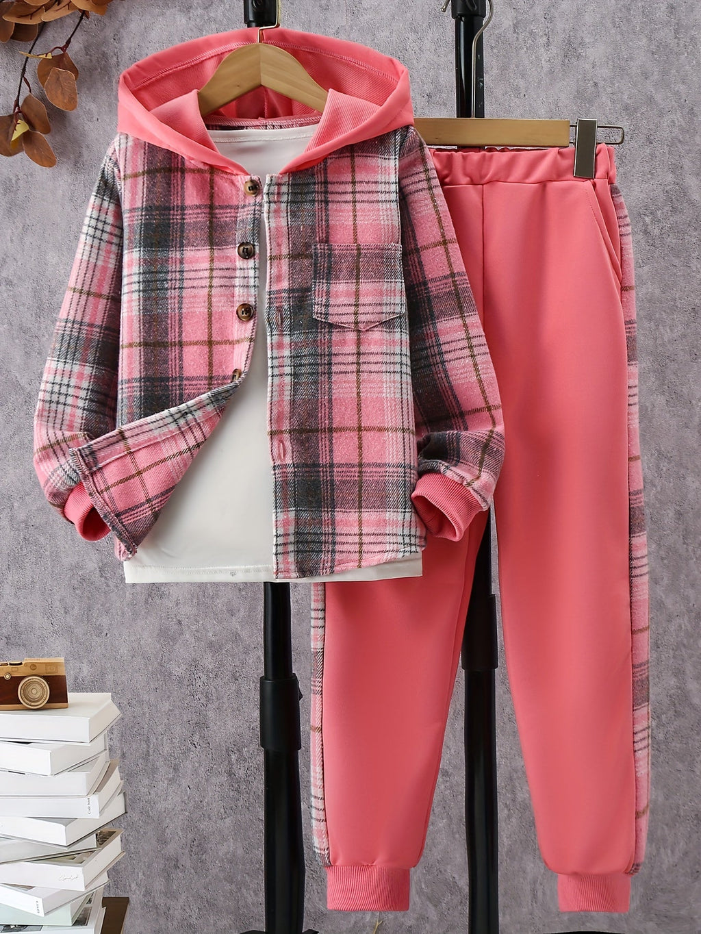 Girls' Plaid Outfit Set with a Hooded Button-Front Shirt and Matching Jogger Pants for Fall Casual Wear