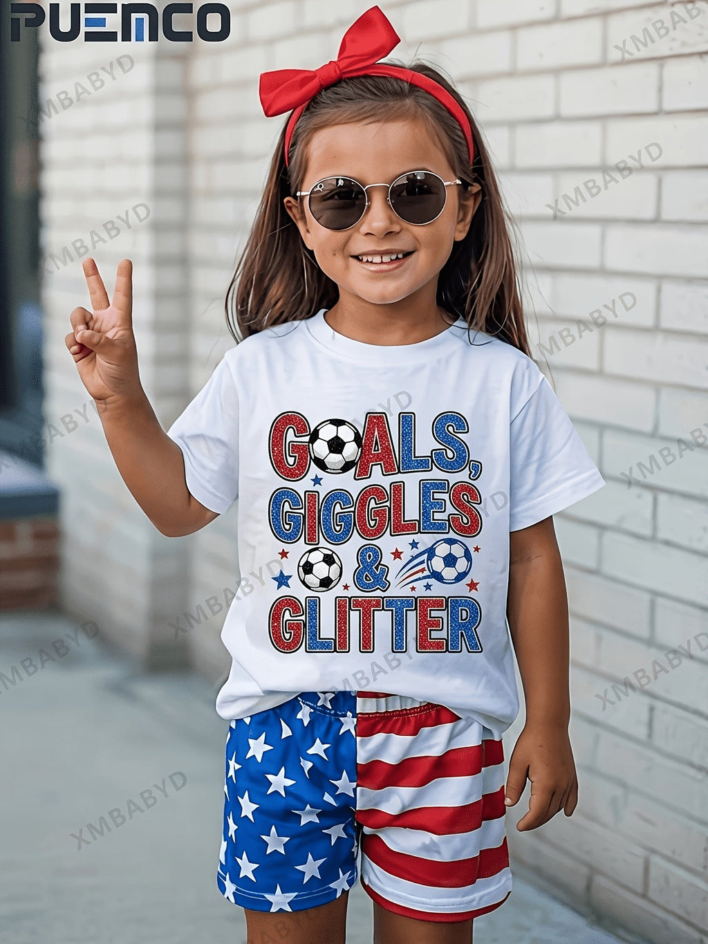 Girls' Patriotic and Soccer Graphic T-Shirt with Short Sleeves for Fourth of July and Casual Outfits