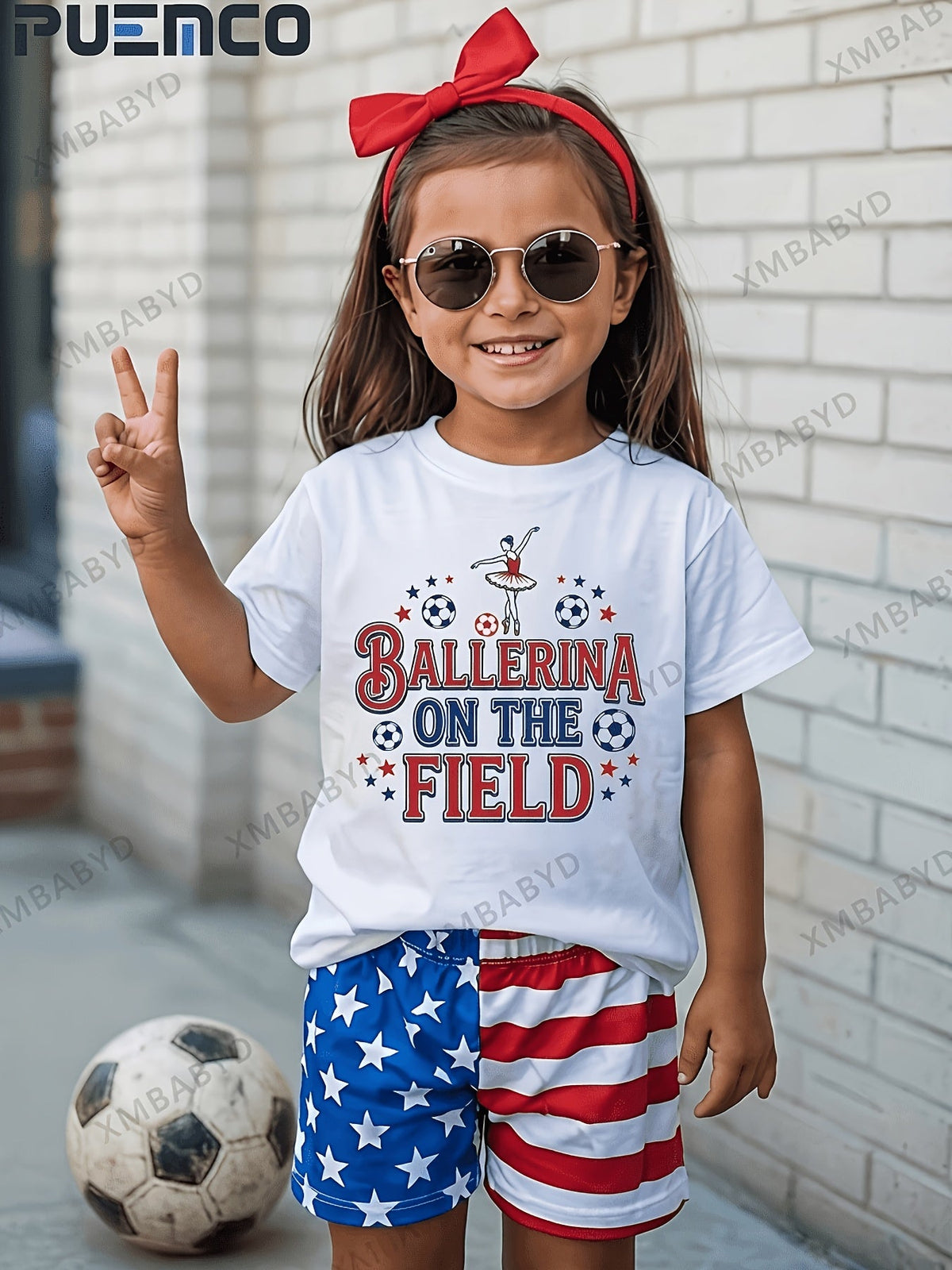 Girls' Patriotic and Soccer Graphic T-Shirt with Short Sleeves for Fourth of July and Casual Outfits