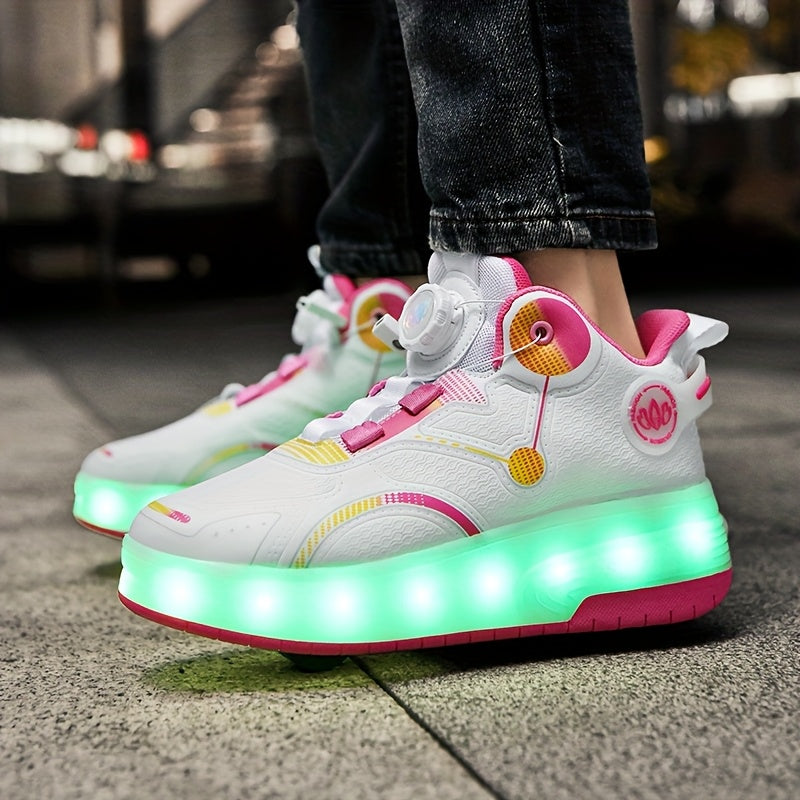 LED Roller Shoes for Girls with Dial Closures and Wheels Built into Thick Soles for Recreational Skating