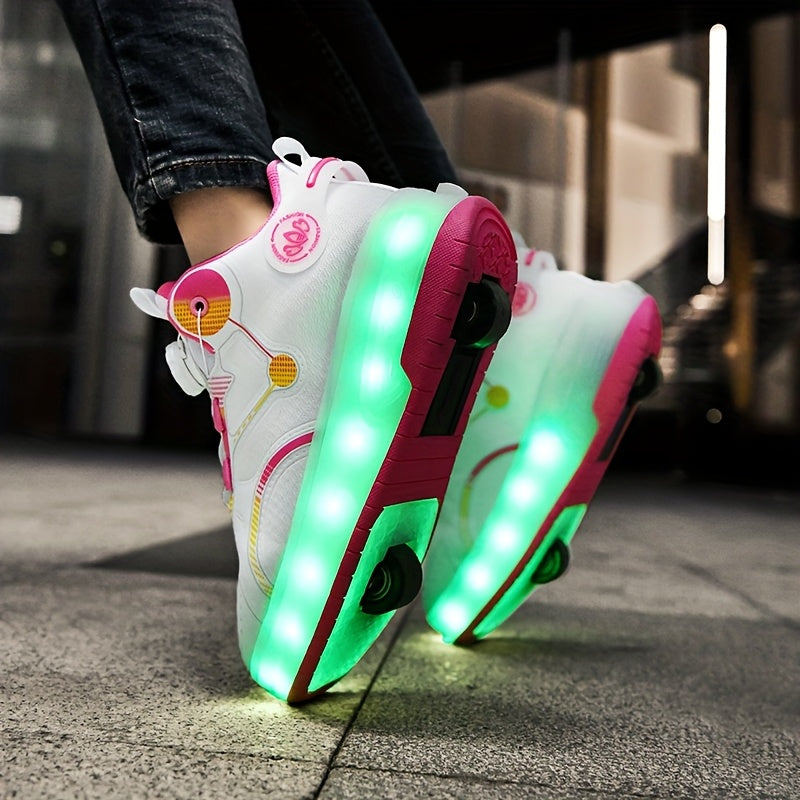 LED Roller Shoes for Girls with Dial Closures and Wheels Built into Thick Soles for Recreational Skating