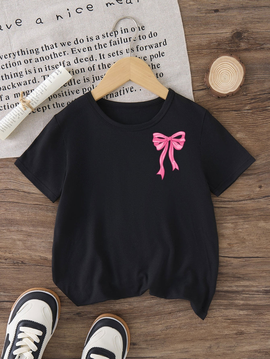 Girls' Love Like Jesus Cotton T-Shirt in Black with Pink Bow and Heart Graphics for Casual Outfits