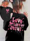 Girls' Love Like Jesus Cotton T-Shirt in Black with Pink Bow and Heart Graphics for Casual Outfits