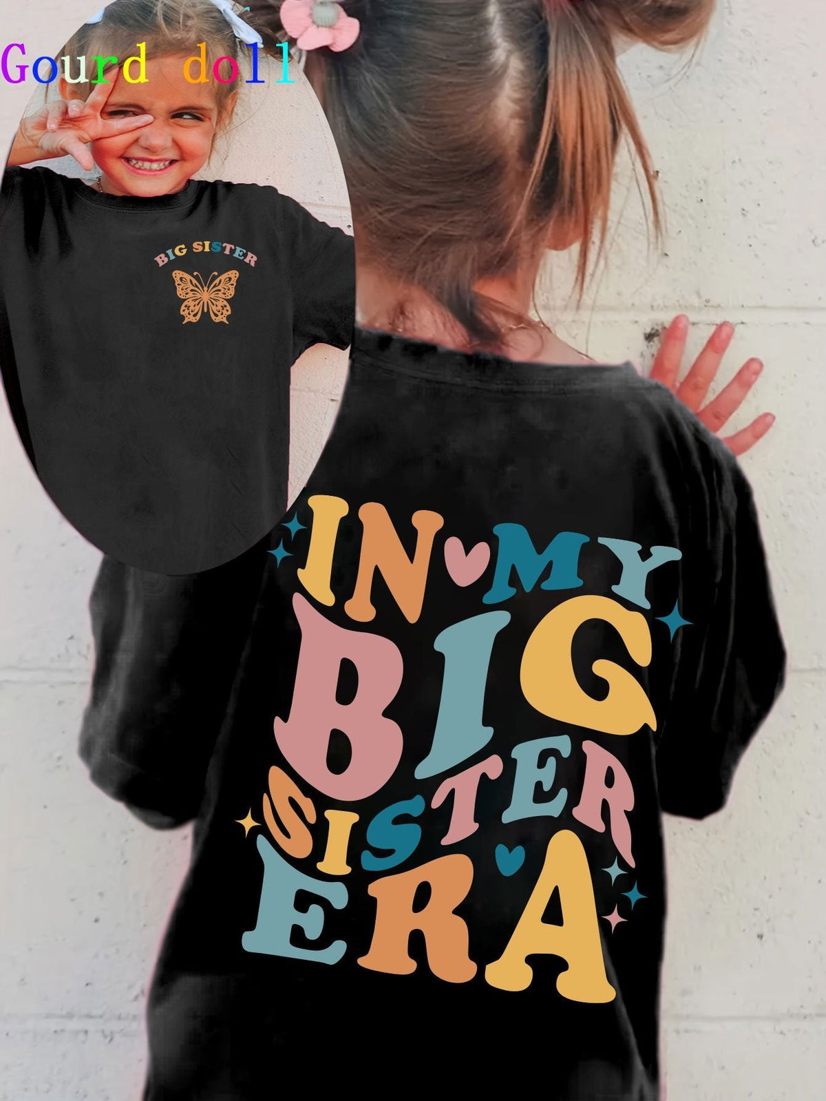 Girls' In My Big Sister Era T-Shirt in Black with a Butterfly Chest Print and Colorful Back Lettering