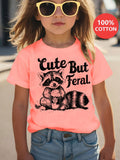 Girls' Cute But Feral Raccoon Cotton T-Shirt in Pink with a Milk Tea Graphic for Casual Summer Outfits