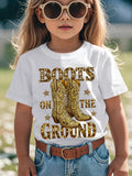 Girls' Boots on the Ground T-Shirt in White with Gold Tone Western Boot Artwork for Casual Outfits