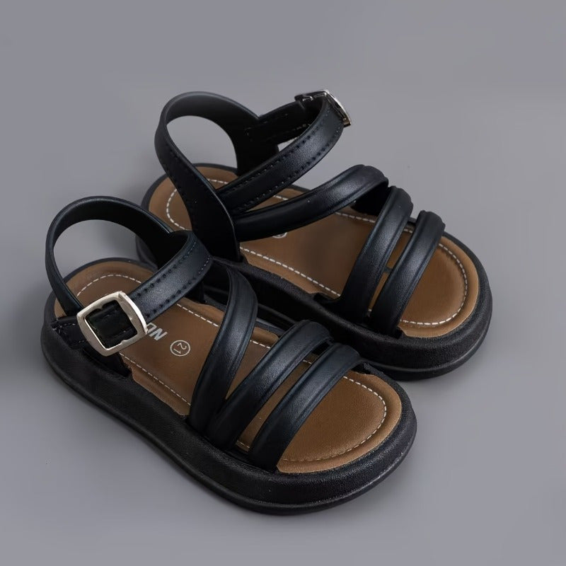 Girls' Sandals with Diagonal Front Straps and Ankle Buckles in Black, Pink or White for Summer Outfits