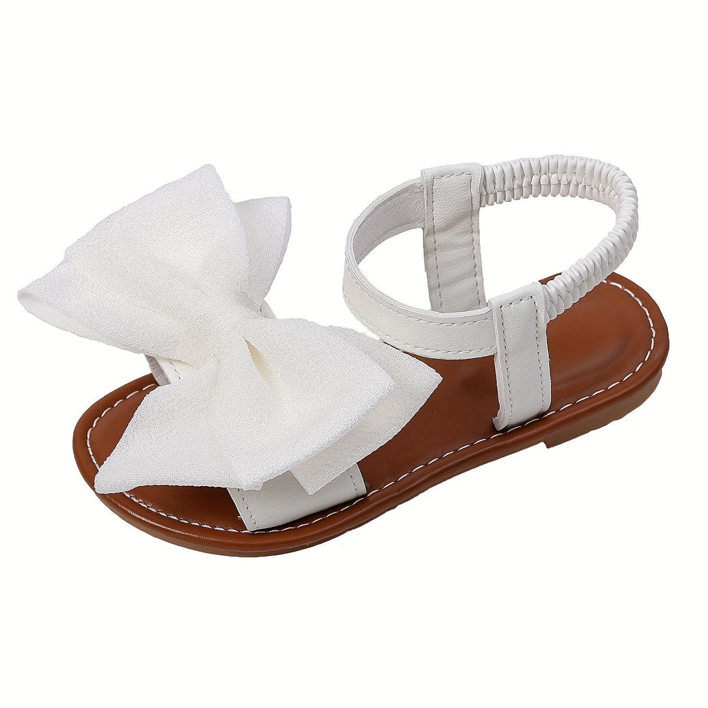 Girls' Flat Bow Sandals with Elastic Back Strap in Black or White for Summer Dresses and Casual Outfits