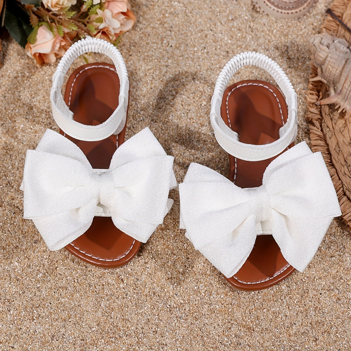 Girls' Flat Bow Sandals with Elastic Back Strap in Black or White for Summer Dresses and Casual Outfits