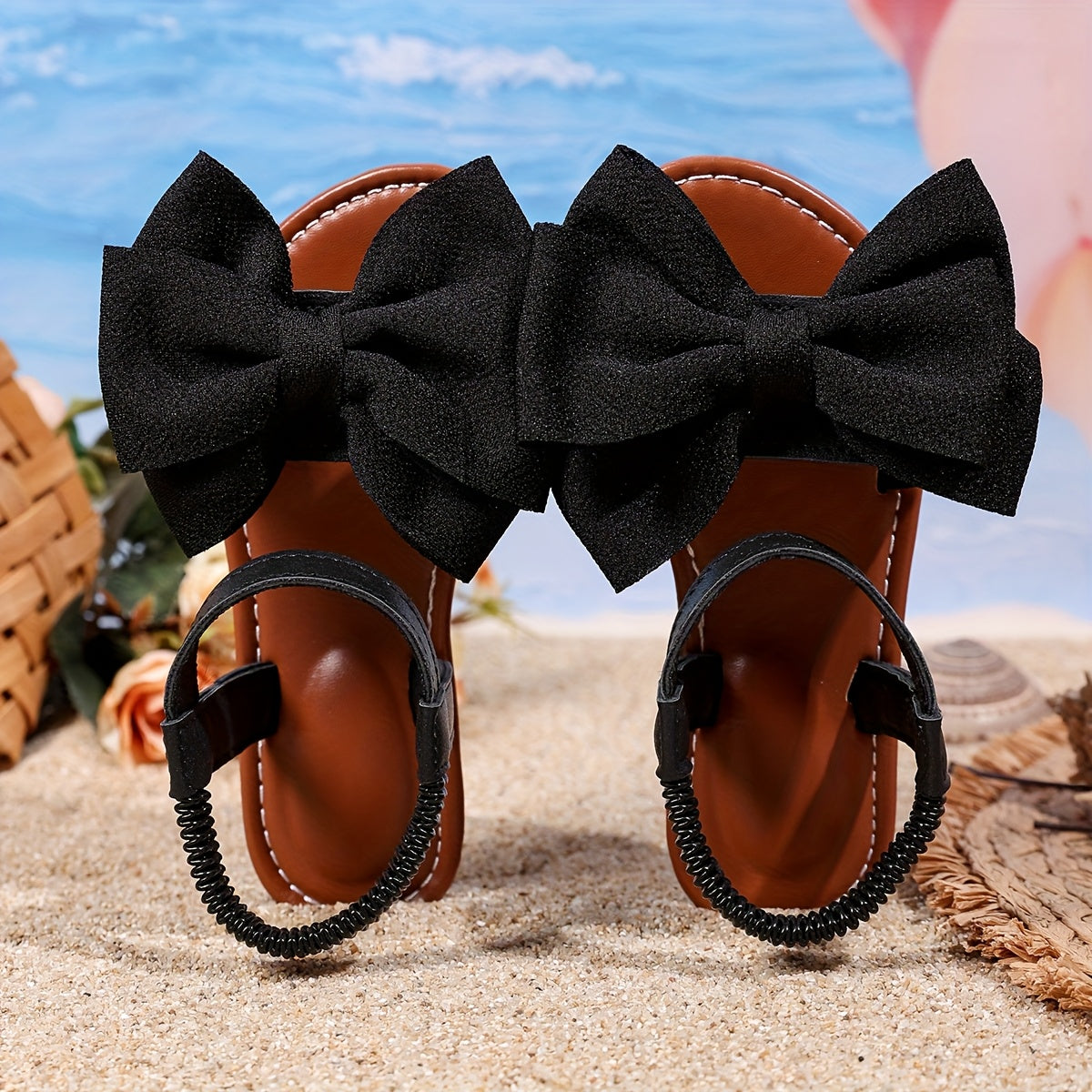 Girls' Flat Bow Sandals with Elastic Back Strap in Black or White for Summer Dresses and Casual Outfits