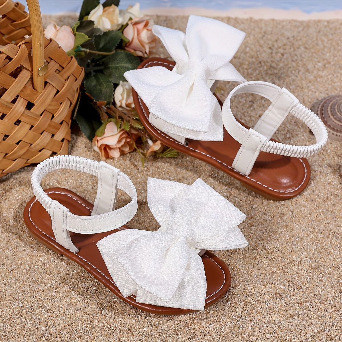 Girls' Flat Bow Sandals with Elastic Back Strap in Black or White for Summer Dresses and Casual Outfits