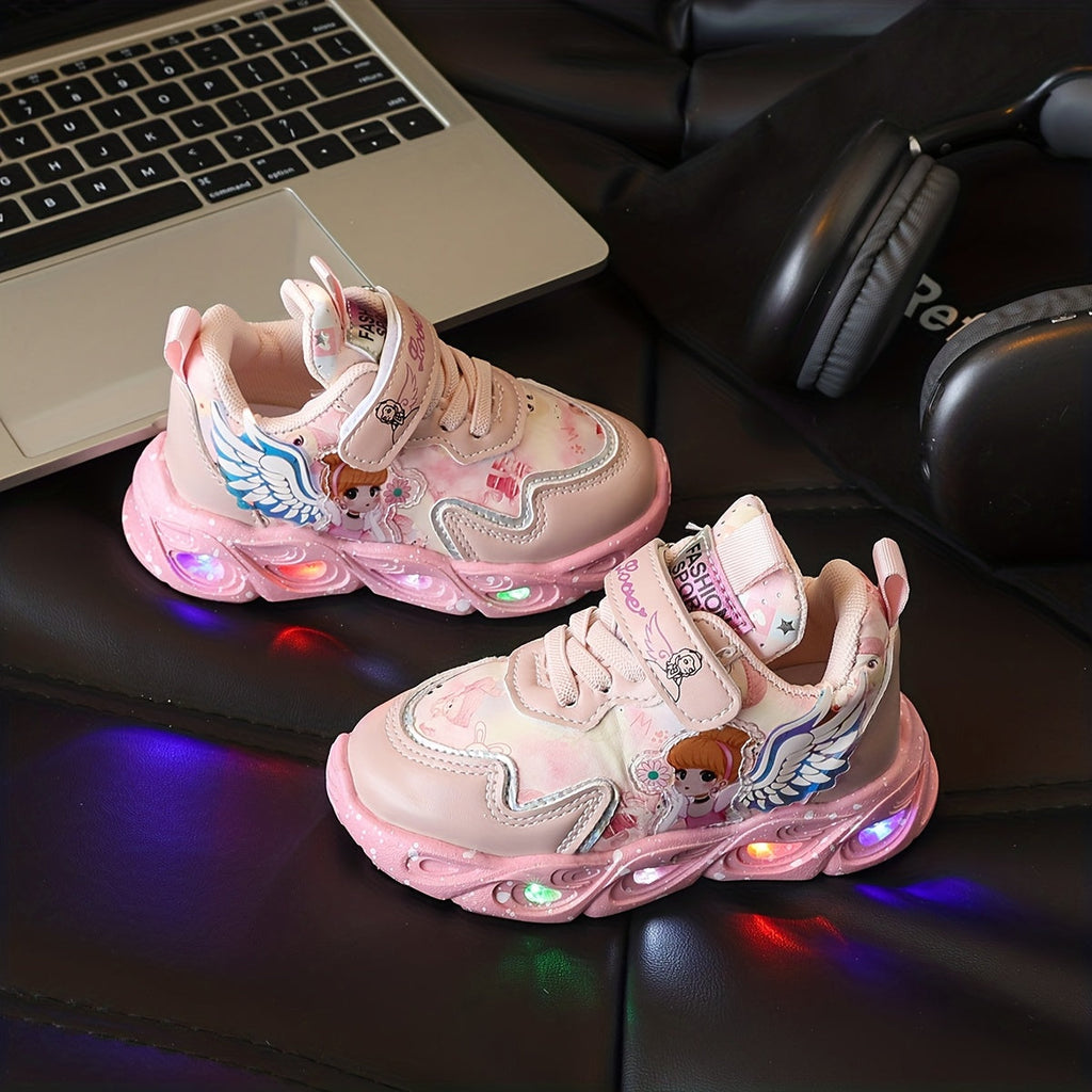 Girls' Light-Up Sneakers with Cartoon Wing Details and Colorful LED Soles in Pink or Purple for Playful Outfits