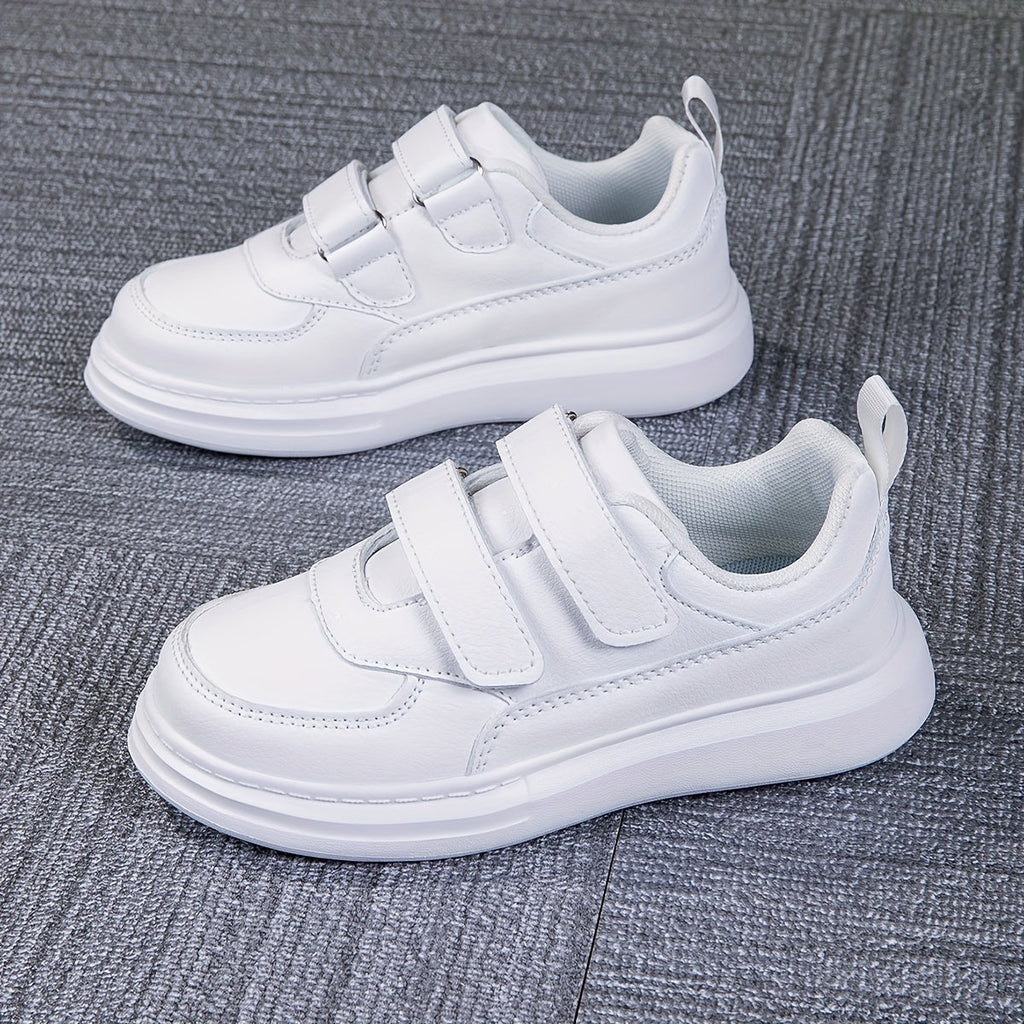 Double Strap Sneakers for Girls with Plain Paneled Uppers and Rear Pull Loops in White or Black