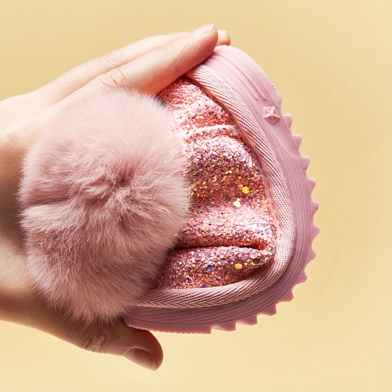 Girls' Glitter Snow Boots with Fluffy Cuffs and Rounded Toes in Black, Pink or Purple for Winter Wear