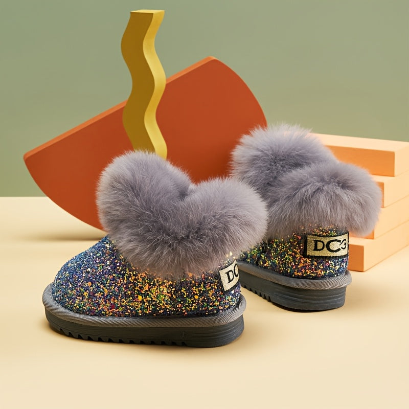 Girls' Glitter Snow Boots with Fluffy Cuffs and Rounded Toes in Black, Pink or Purple for Winter Wear