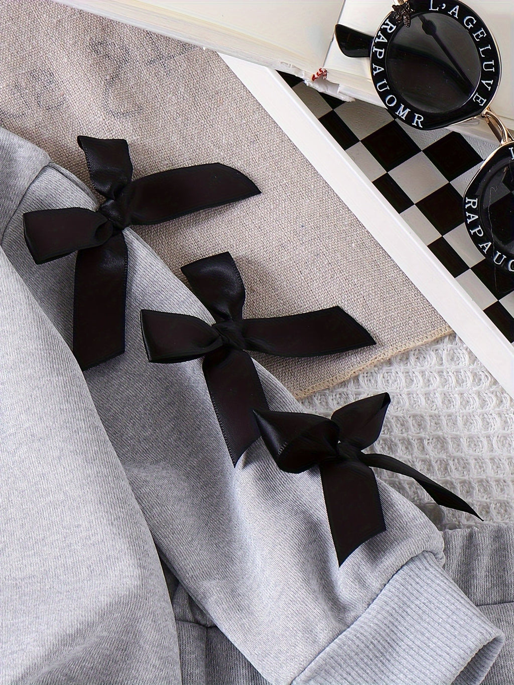 Baby Girls' Gray Sweatshirt and Pants Set with Black Bow Sleeves and Ribbed Cuffs for Everyday Wear