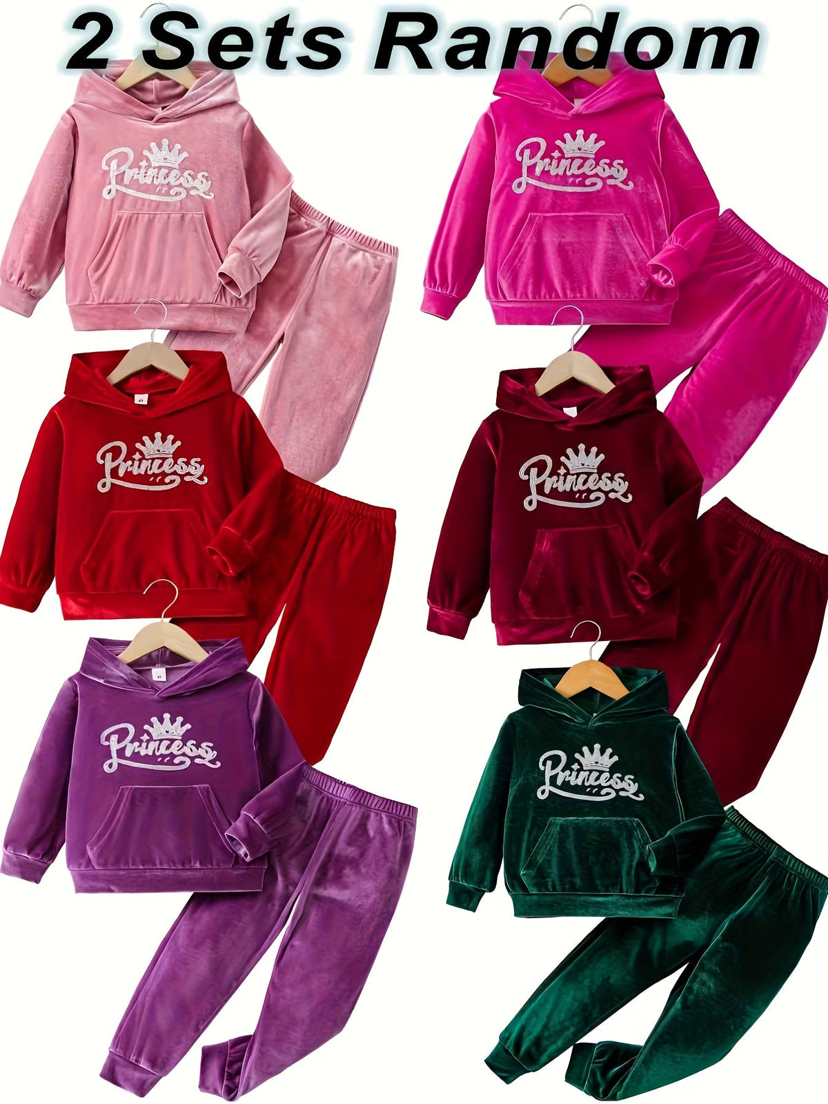 Girls' Princess Hoodie and Pants Sets 2-Pack in Random Colors with Long Sleeves and Cuffed Legs