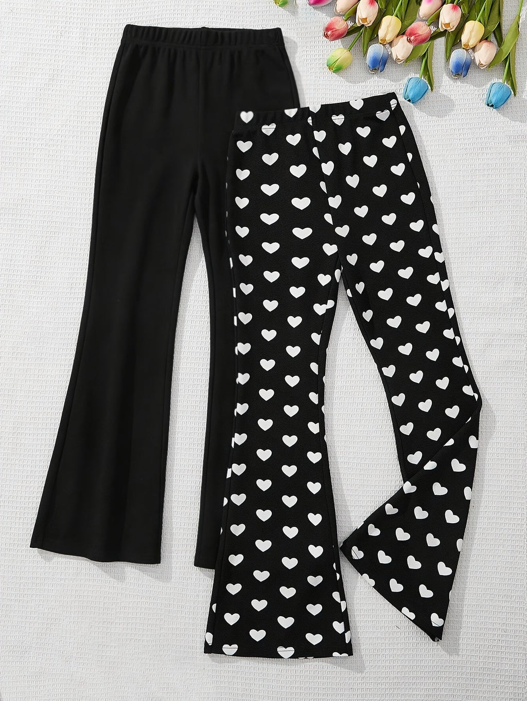 Girls' Flare Pants Two-Pack with Solid Black and Heart Print Designs for Everyday Casual Outfits