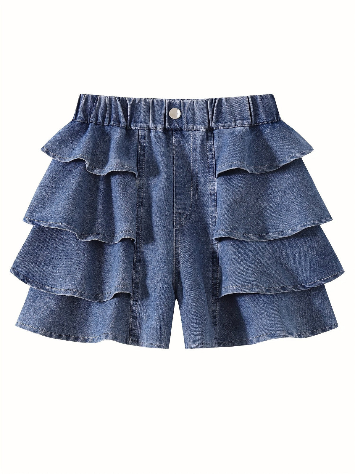Girls' Denim Shorts with Tiered Ruffles and an Elastic Waist for Textured Summer Outfits and Casual Wear