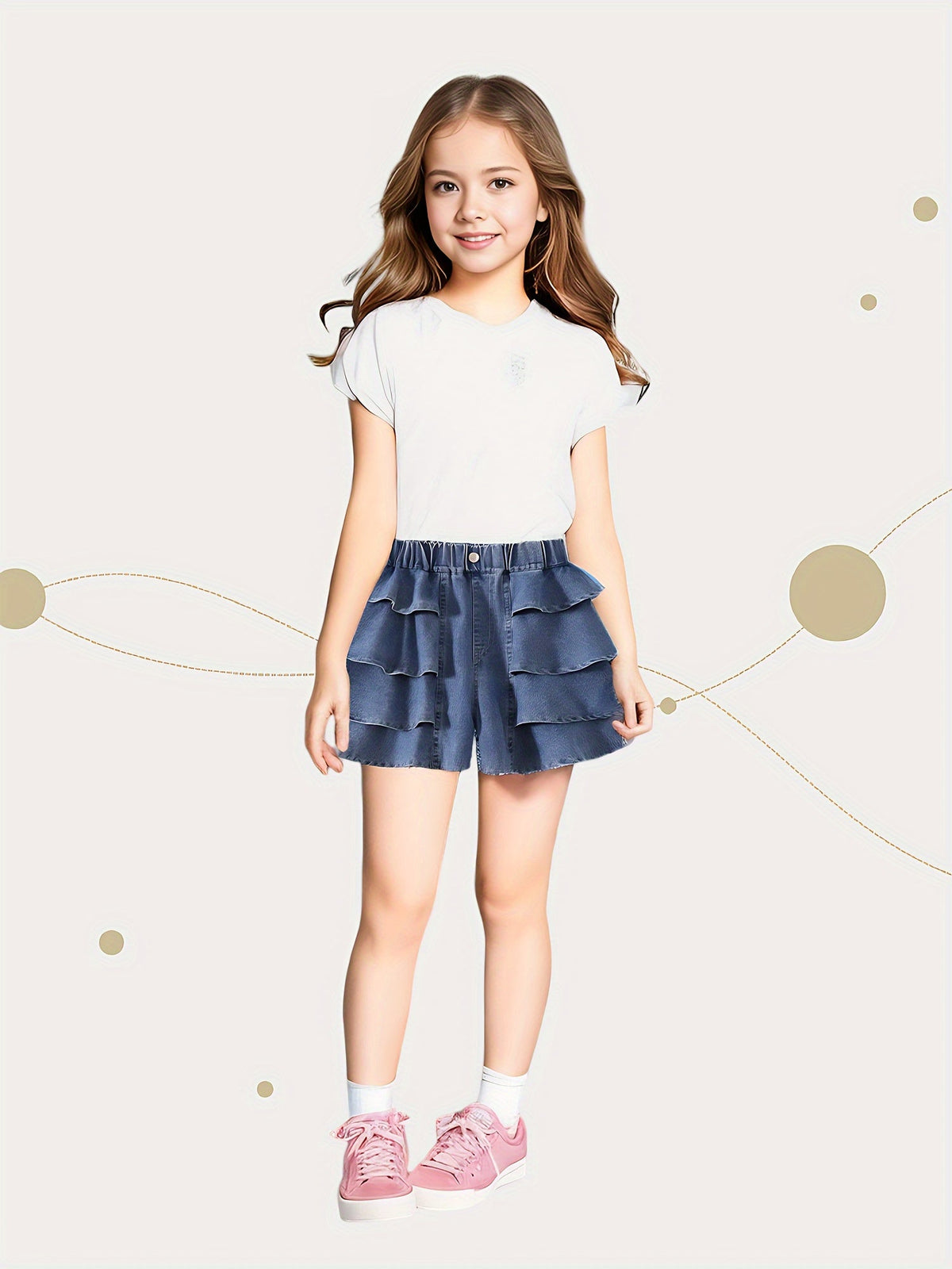 Girls' Denim Shorts with Tiered Ruffles and an Elastic Waist for Textured Summer Outfits and Casual Wear