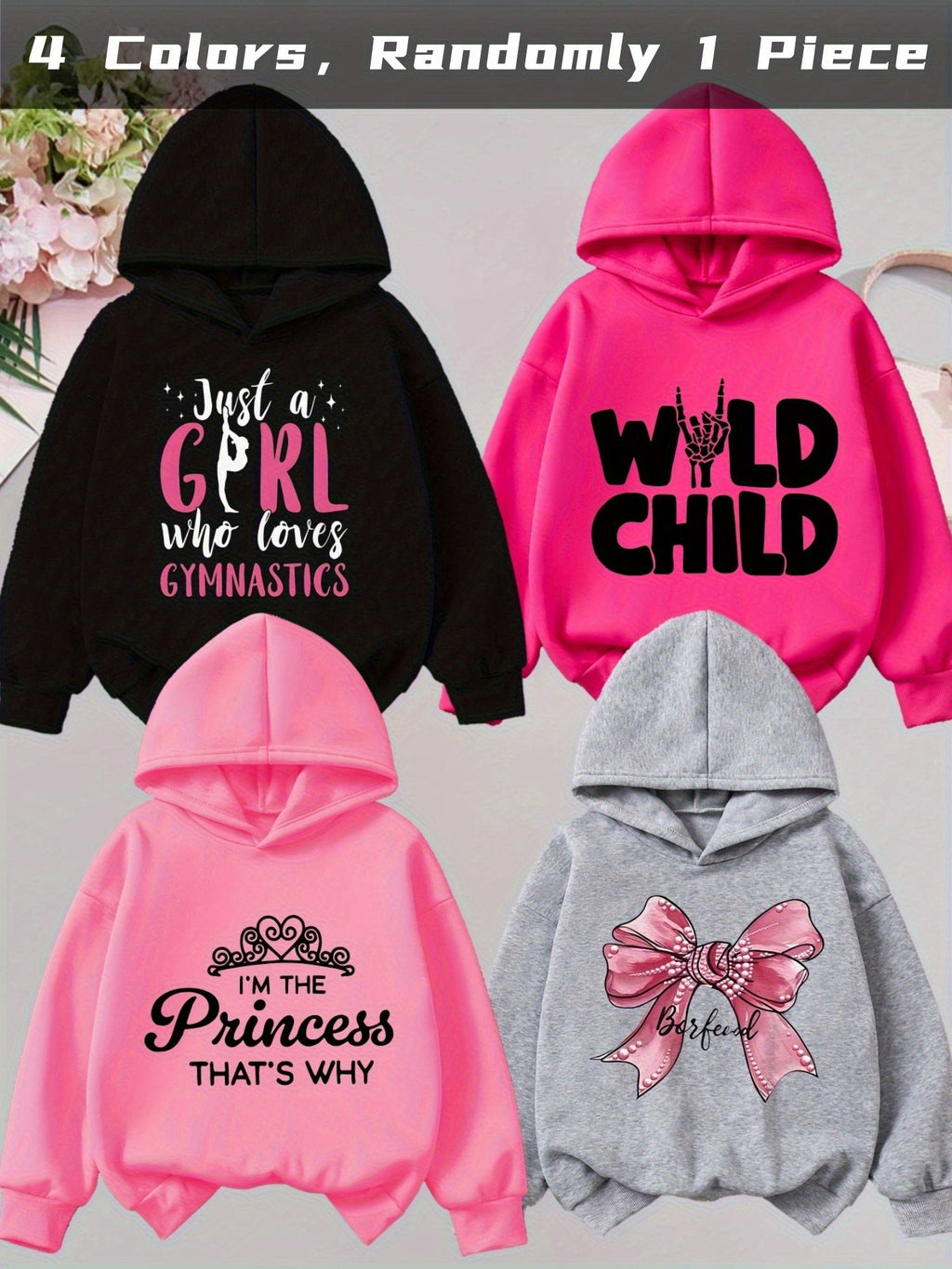 Girls' Graphic Pullover Hoodie with Long Sleeves and Ribbed Trim for Casual Outfits in One Random Design