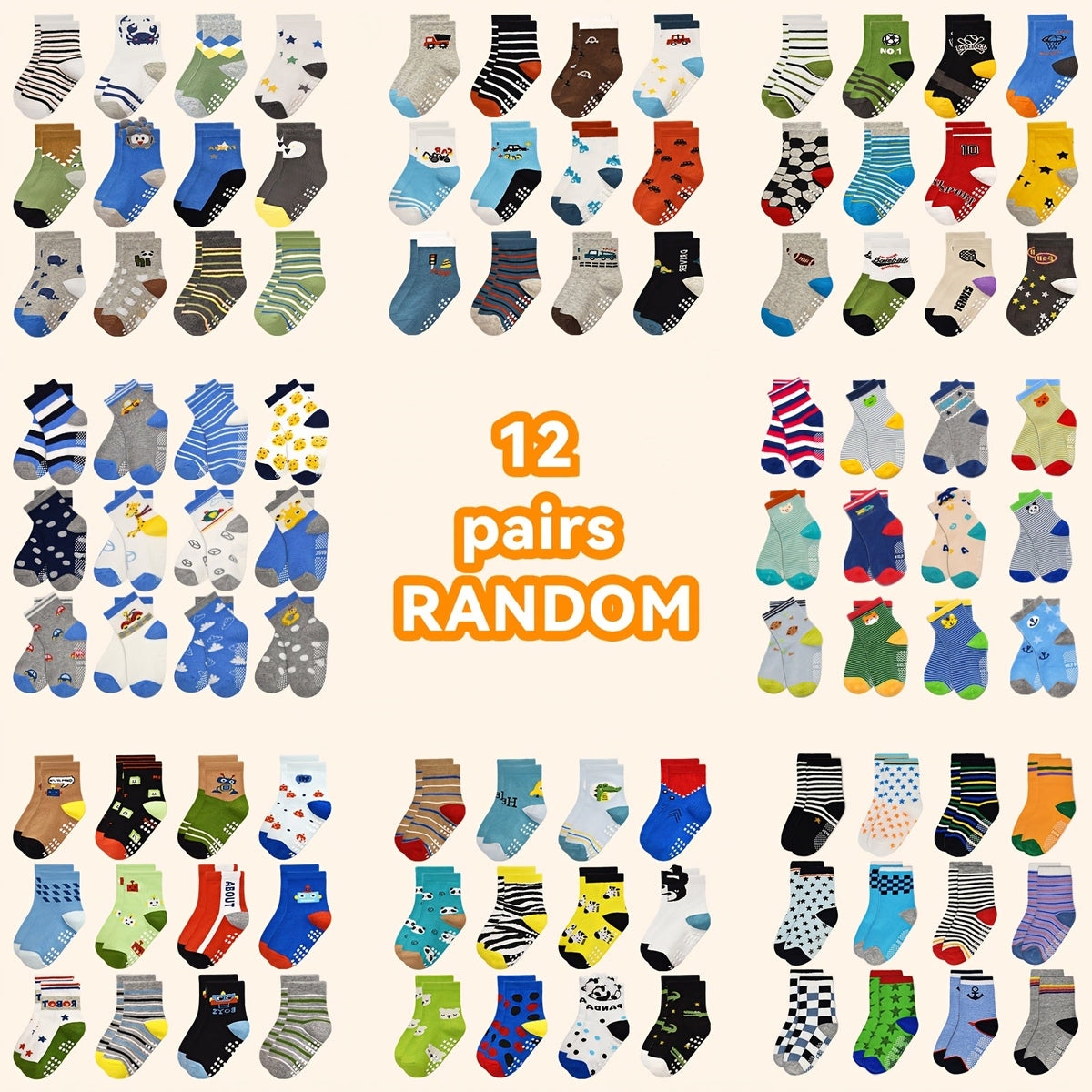 Kids' Patterned Crew Socks in 12 or 24-Pair Random Assortments with Ribbed Cuffs for Everyday Changes