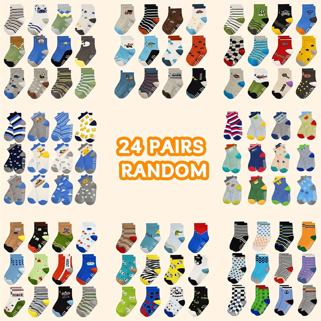 Kids' Patterned Crew Socks in 12 or 24-Pair Random Assortments with Ribbed Cuffs for Everyday Changes