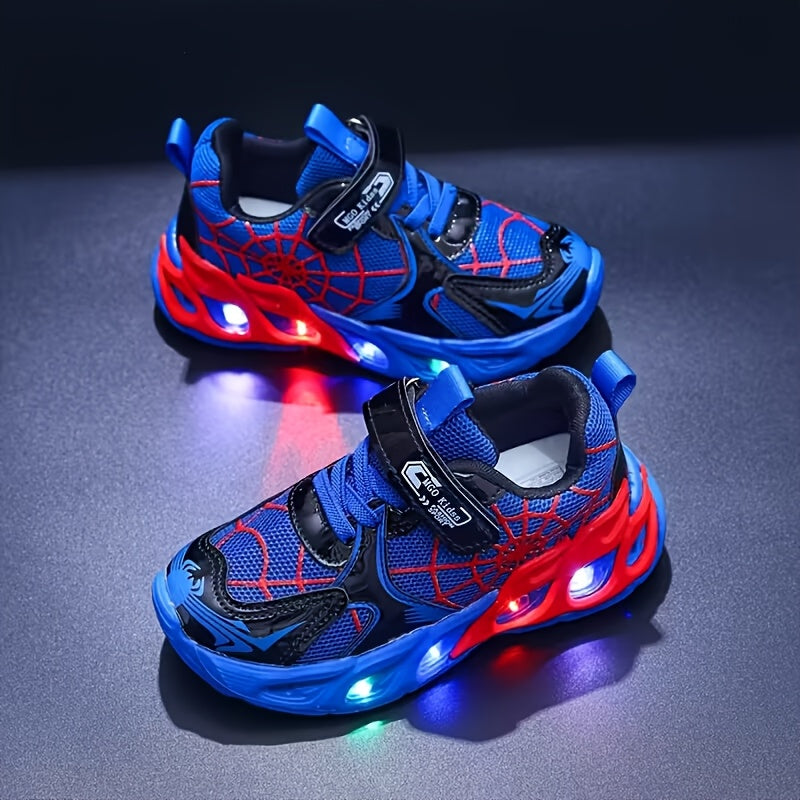 Spiderweb Light Up Sneakers for Kids with Colorful Sole Lights and Instep Straps in Red or Blue