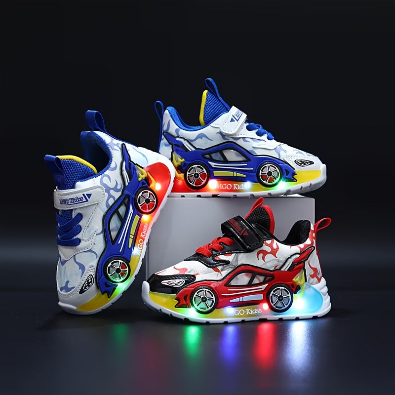 Kids' Light-Up Sneakers with Race-Car Side Details and Flame Graphics in Red or Blue for a Playful Look