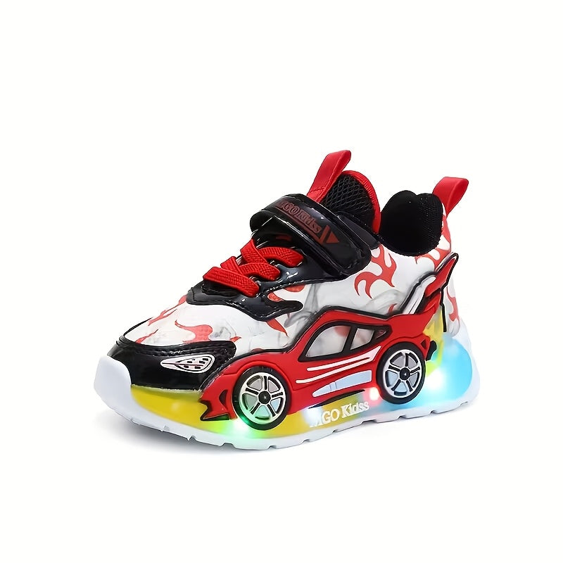 Kids' Light-Up Sneakers with Race-Car Side Details and Flame Graphics in Red or Blue for a Playful Look