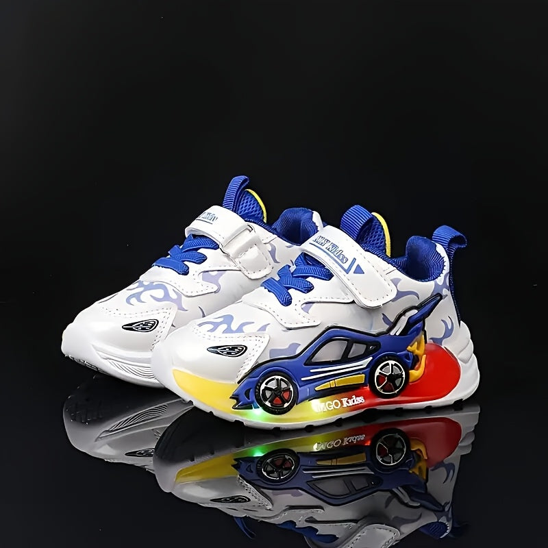 Kids' Light-Up Sneakers with Race-Car Side Details and Flame Graphics in Red or Blue for a Playful Look