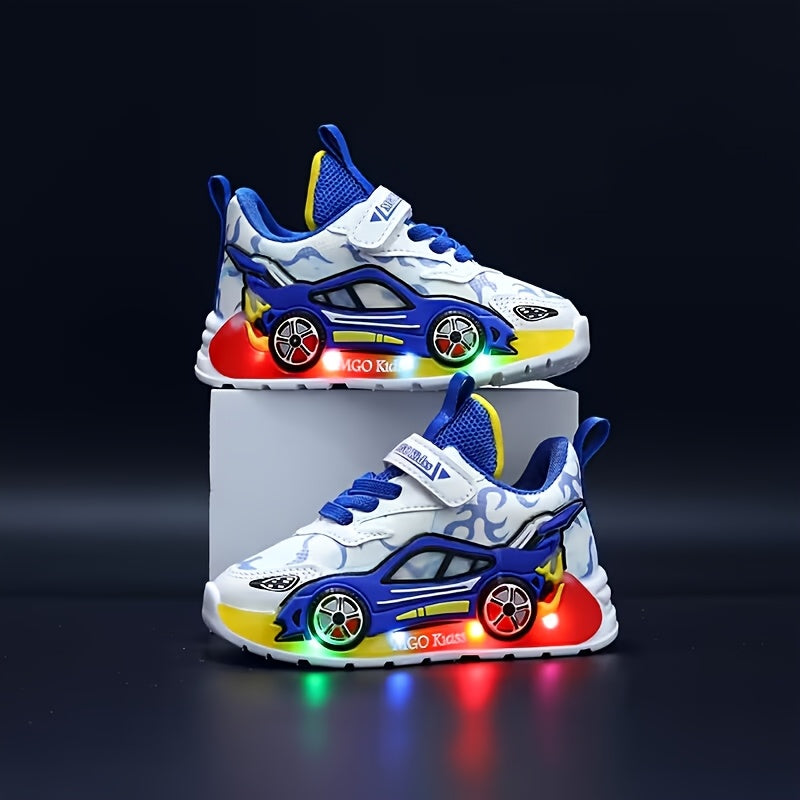 Kids' Light-Up Sneakers with Race-Car Side Details and Flame Graphics in Red or Blue for a Playful Look
