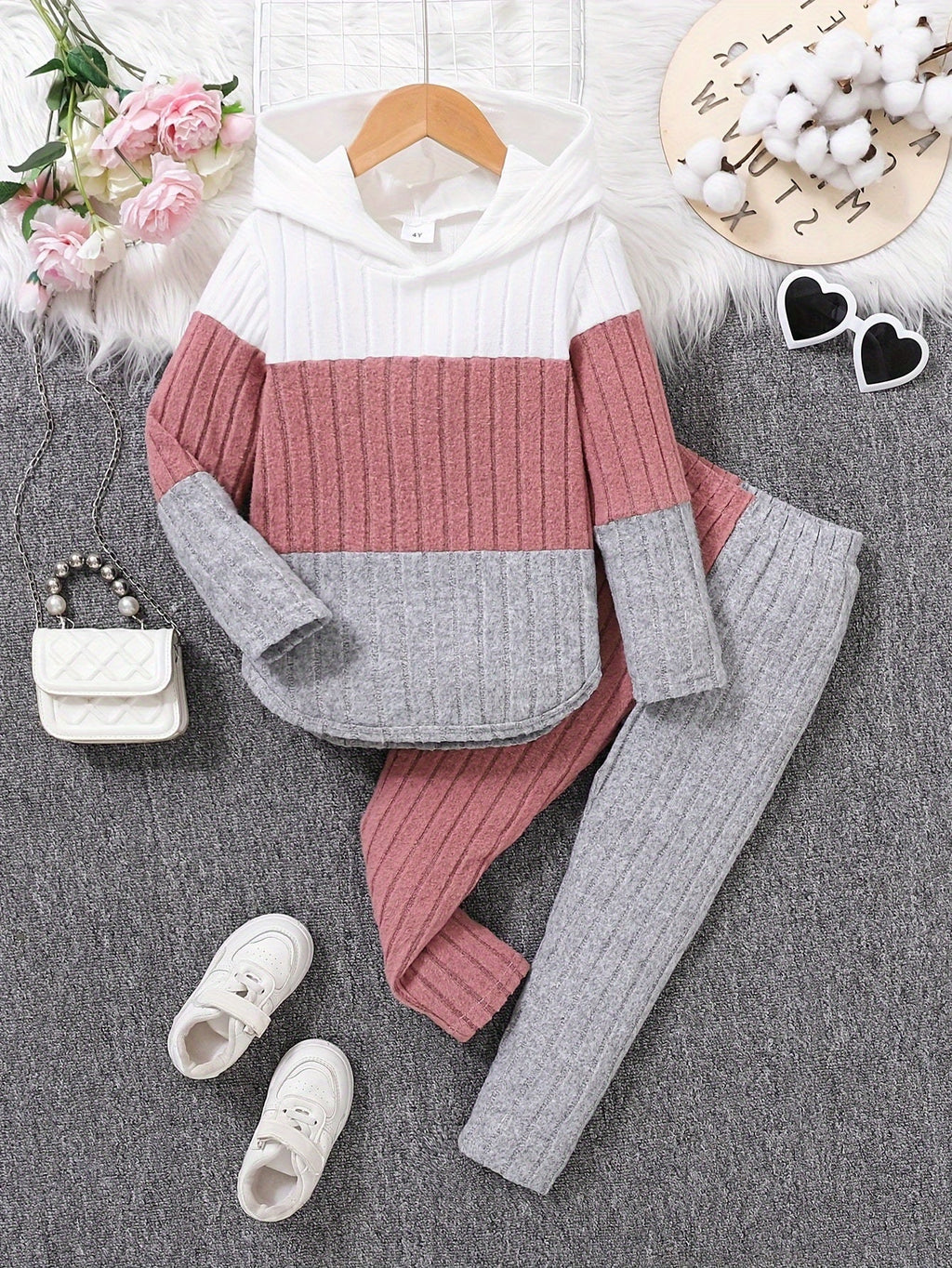 Kids' Ribbed Color Block Hoodie and Pants Set with Long Sleeves for Casual Fall and Winter Outfits