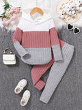 Kids' Ribbed Color Block Hoodie and Pants Set with Long Sleeves for Casual Fall and Winter Outfits