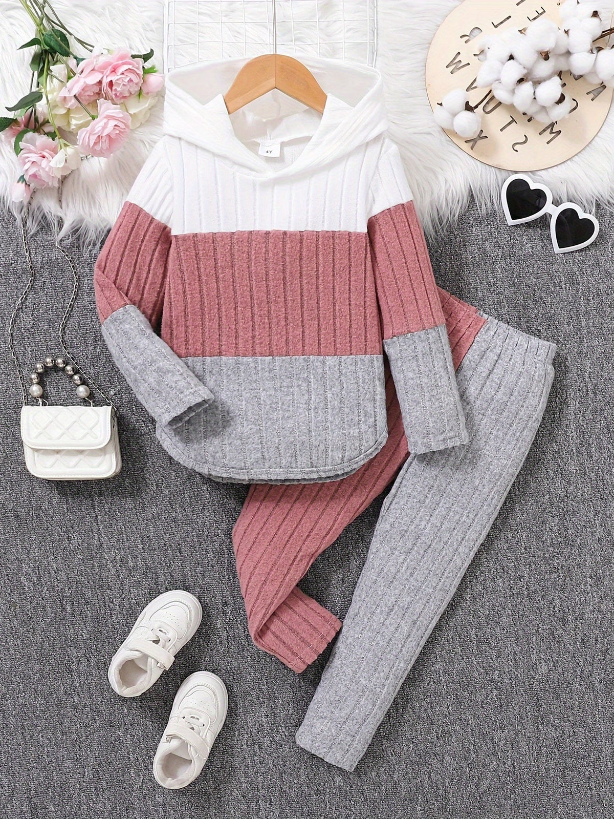 Kids' Ribbed Color Block Hoodie and Pants Set with Long Sleeves for Casual Fall and Winter Outfits