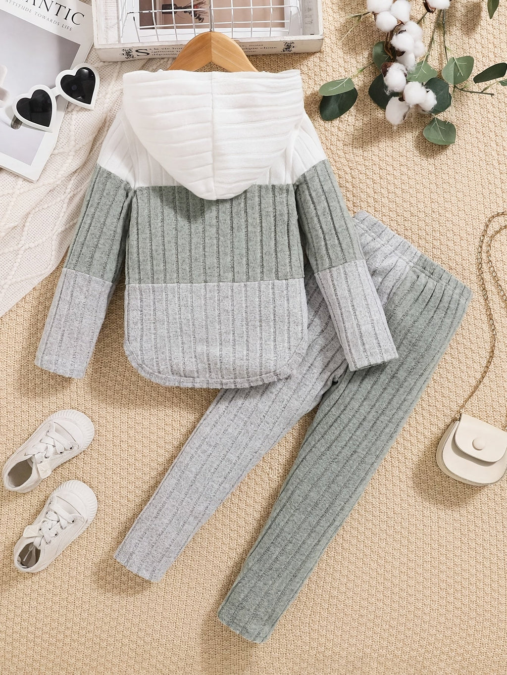 Kids' Ribbed Color Block Hoodie and Pants Set with Long Sleeves for Casual Fall and Winter Outfits