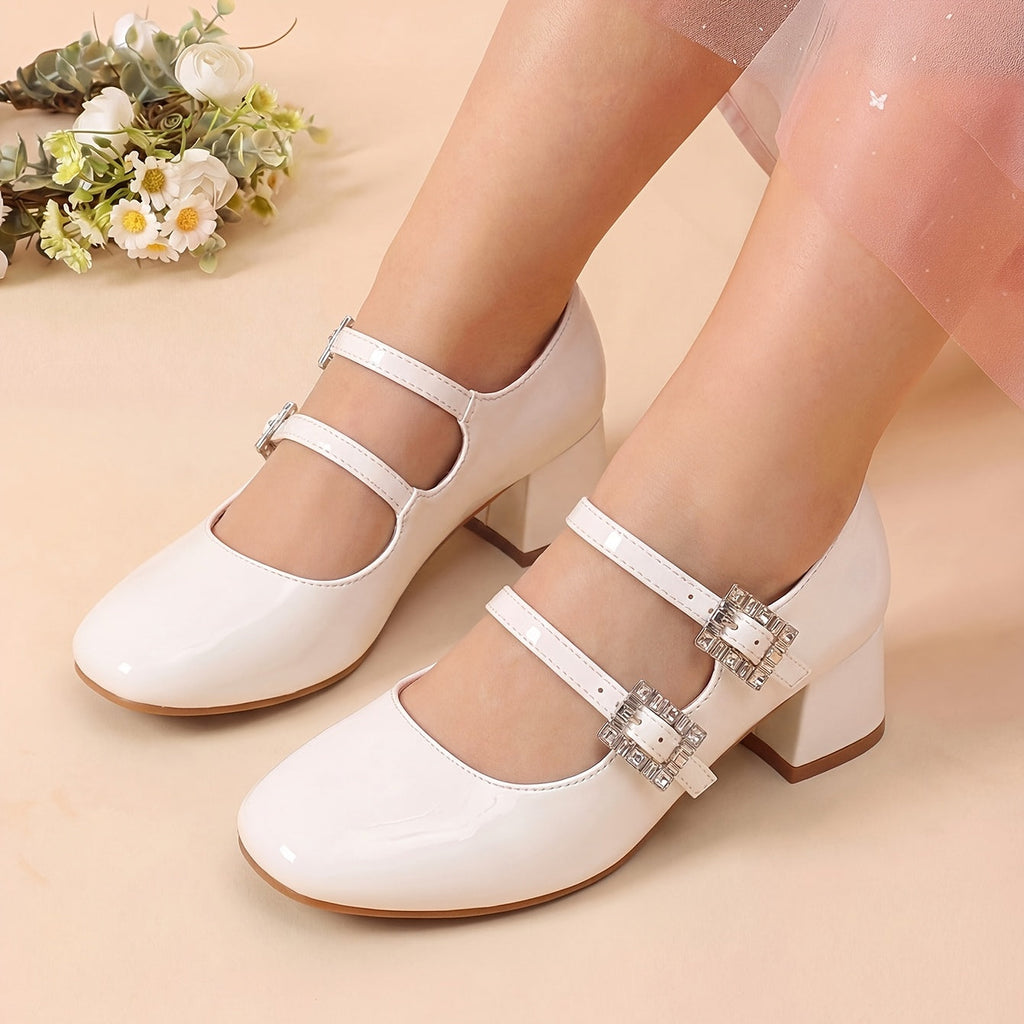 Girls' Double Strap Mary Jane Dress Shoes with Sparkling Buckles and Low Block Heels for Parties