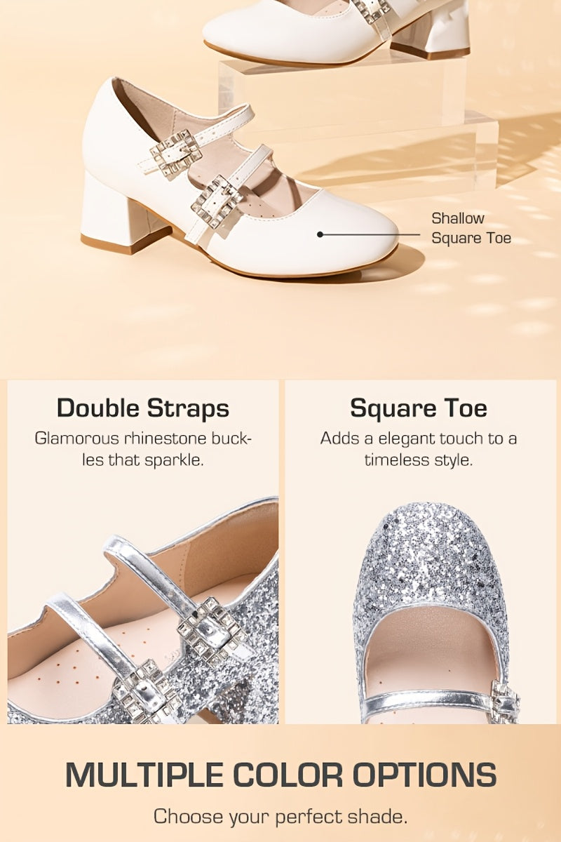 Girls' Double Strap Mary Jane Dress Shoes with Sparkling Buckles and Low Block Heels for Parties