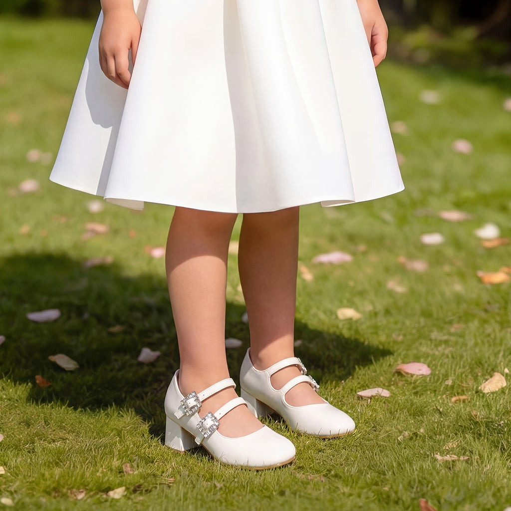 Girls' Double Strap Mary Jane Dress Shoes with Sparkling Buckles and Low Block Heels for Parties