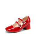 Girls' Double Strap Mary Jane Dress Shoes with Sparkling Buckles and Low Block Heels for Parties