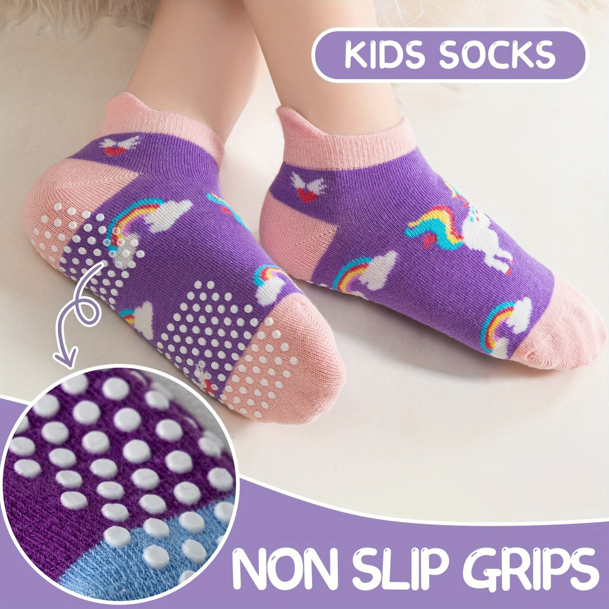 Girls' Unicorn Ankle Socks in 9 or 18-Pair Packs with Dotted Grip Soles for Colorful Everyday Outfits