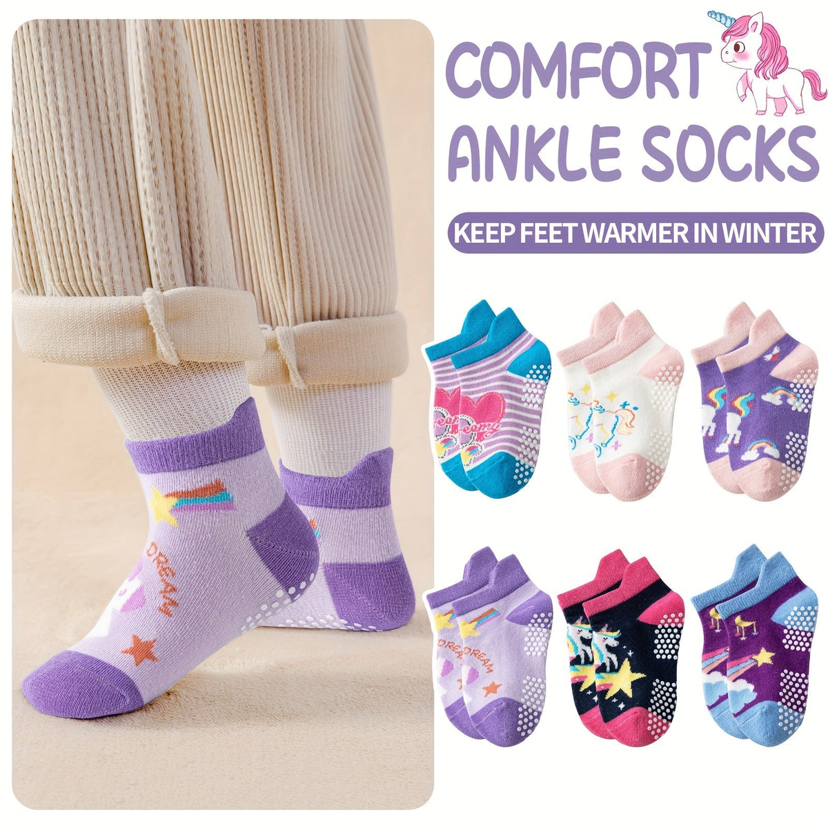 Girls' Unicorn Ankle Socks in 9 or 18-Pair Packs with Dotted Grip Soles for Colorful Everyday Outfits