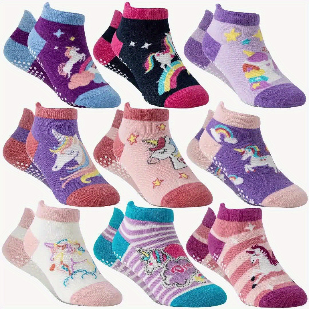 Girls' Unicorn Ankle Socks in 9 or 18-Pair Packs with Dotted Grip Soles for Colorful Everyday Outfits