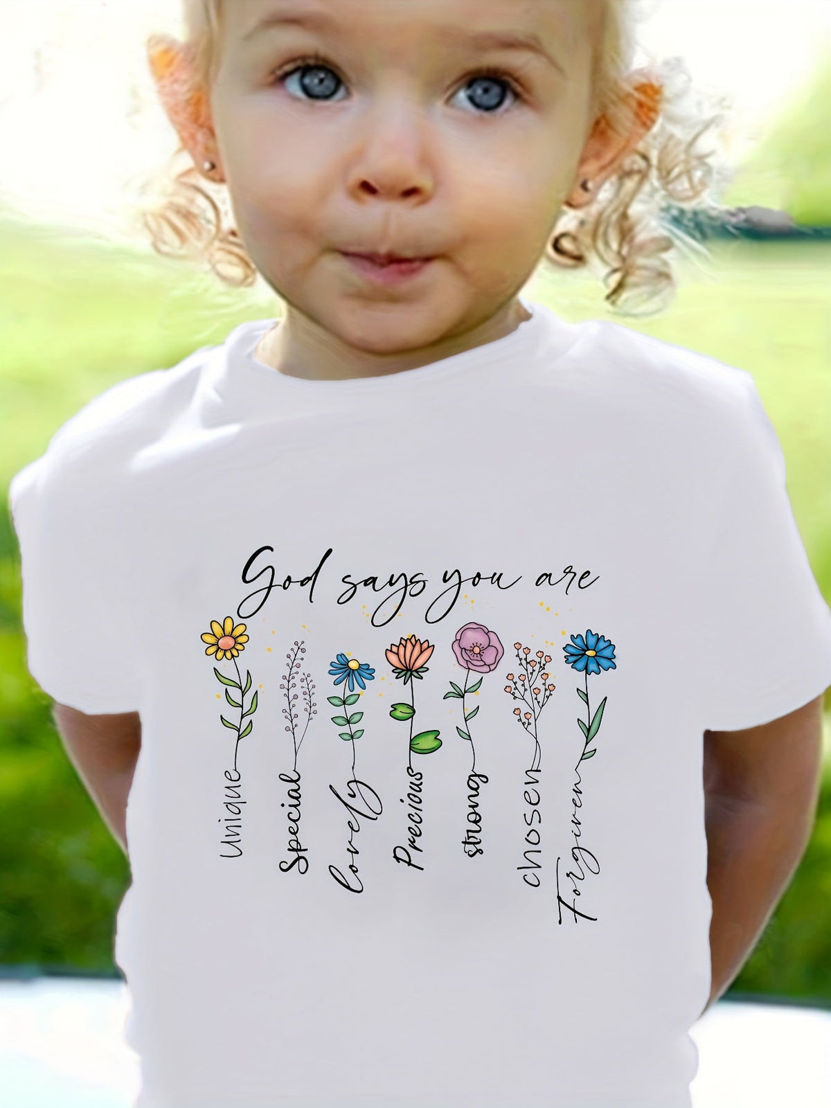 Kids' God Says You Are Floral T-Shirt with Colorful Flower Illustrations and Short Sleeves for Daily Wear